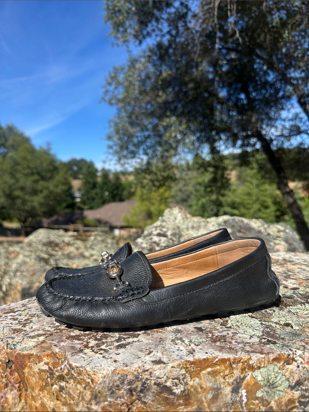 Coach Black Leather Women's Driving Loafers with Metal Bit